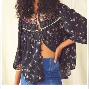 Free People Paloma printed Black Floral Blouse